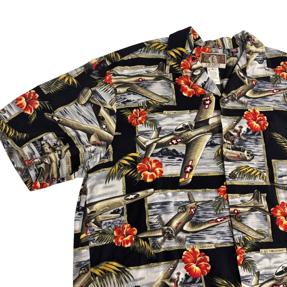 Kalaheo Hawaiian WWII Aircraft Shirt Men L Coconut Shell Buttons Made in Hawaii